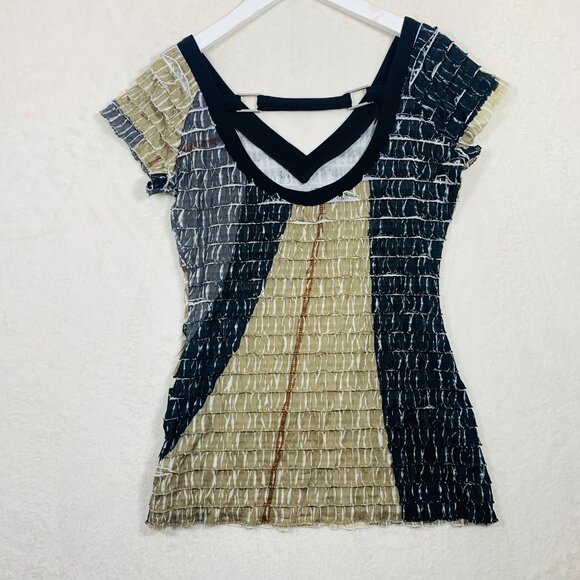 Frank Lyman Blk/Tan Ruffle Butterfly Short Sleeve Top V Neck/Scoop Back Wms Sz 6 - Picture 9 of 16